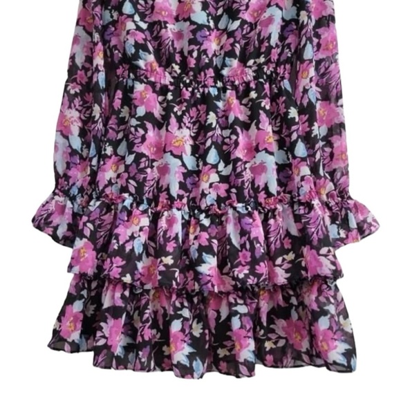 Bar Ill Purple Pink & Black Floral Ruffled Hem Mini Dress Large - Picture 10 of 11